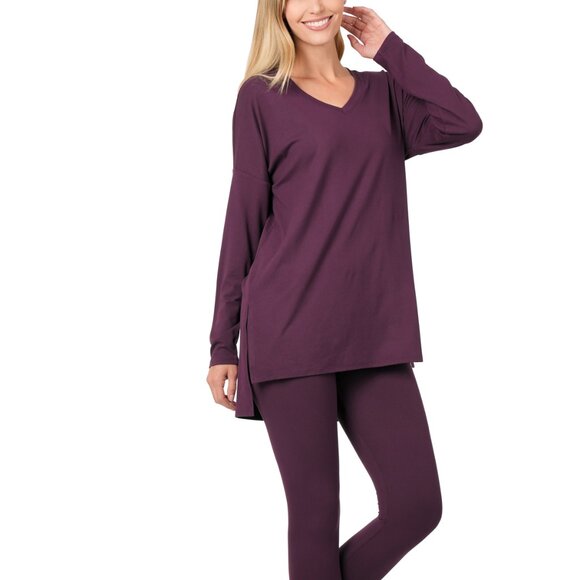 V-Neck Long-Sleeve Loungewear Leggings Set S-3X - Picture 3 of 7